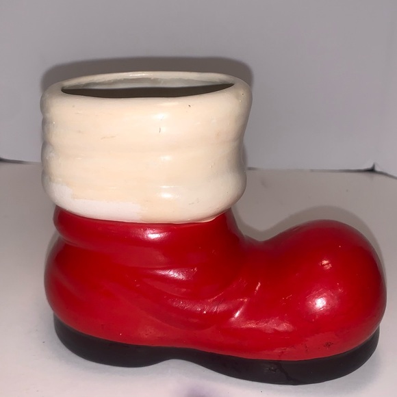 Vintage Red Ceramic Santa Clause Boot Christmas Planter: - Picture 2 of 7